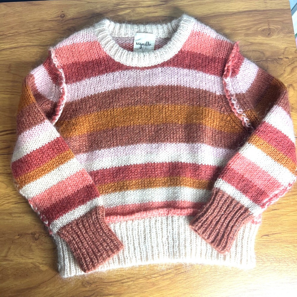 Vignette Sweater Girls 7Y Pink Orange Striped Mohair Wool Blend Exposed Seams